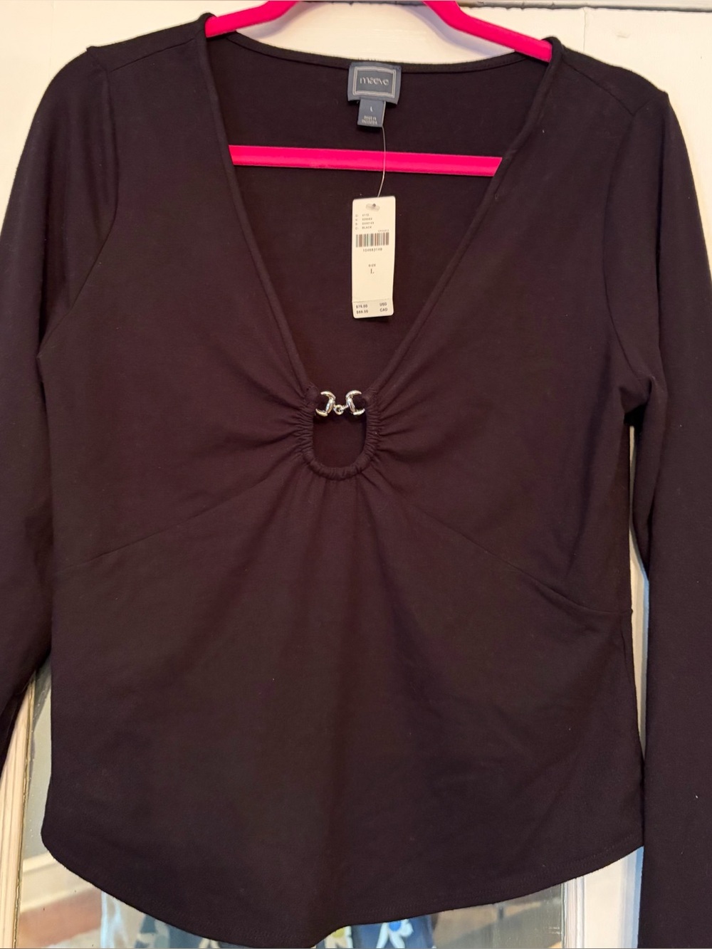 Anthropologie Maeve Black Long-Sleeve V-Neck Top with Center Ring Accent